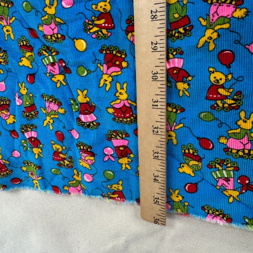 Vintage Corduroy Fabric 1 Yard Blue Roller Skating Bunny Novelty Kidcore Retro